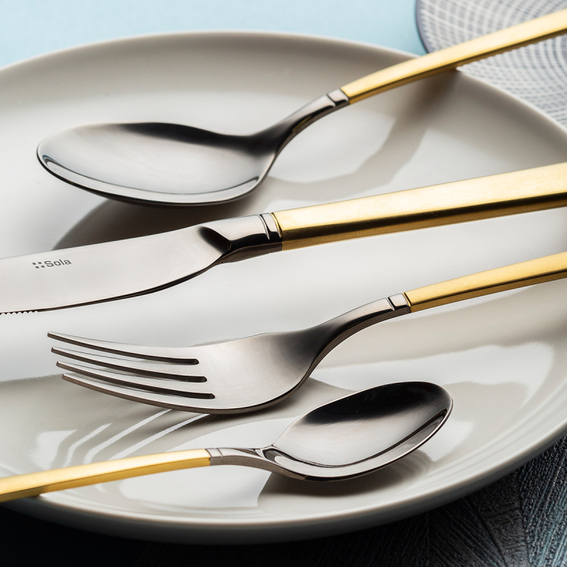 Příborová sada 16 ks — Porto PVD tmavý titanový / zlatý pískovaný