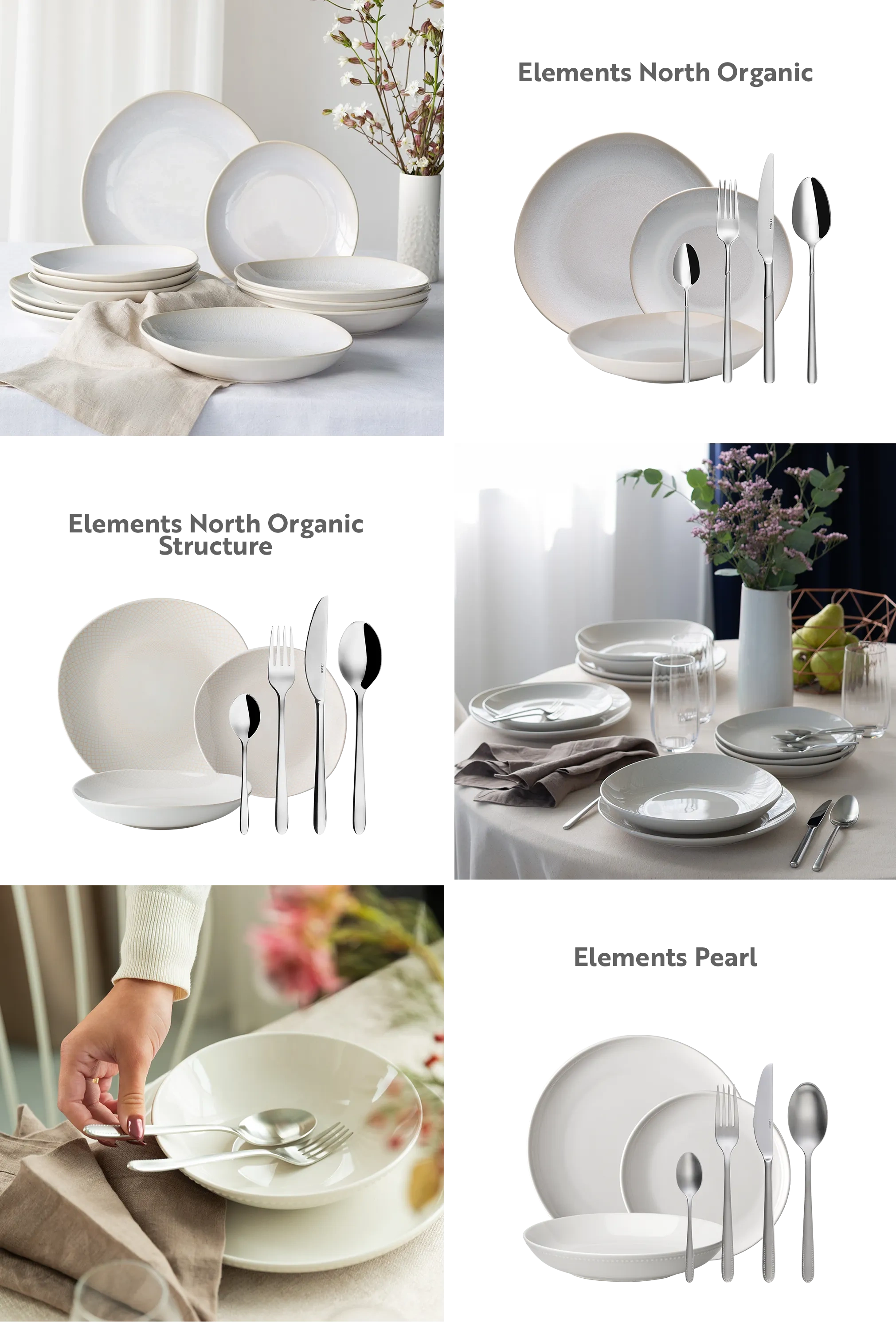 Koláž bíle prostřeného stolu s porcelánem, příborem, sklenicemi, květinami a detailem ruky ukládající příbor 