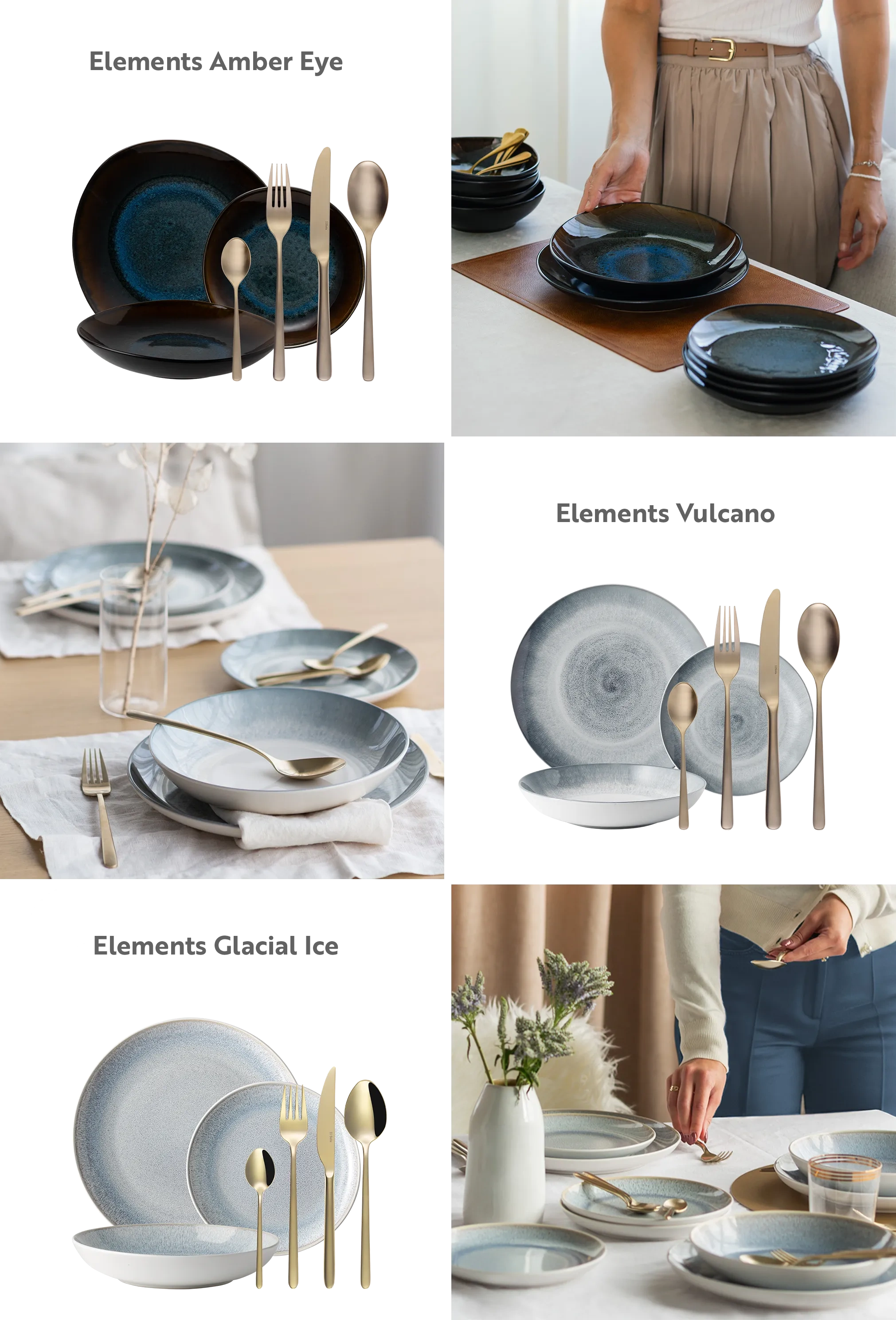 Koláž prostřeného stolu s tmavým a šedomodrým porcelánem, příborem, sklenicemi a detaily rukou ukládajících talíře a příbor 