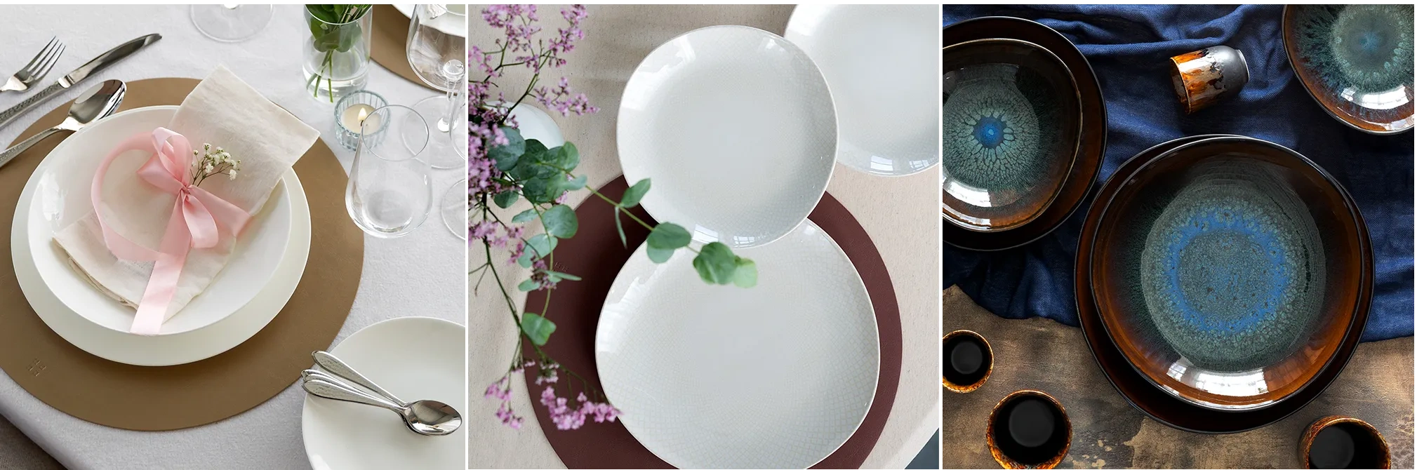 Koláž bílého a tmavého porcelánu s odkazy na konkrétní produkty 