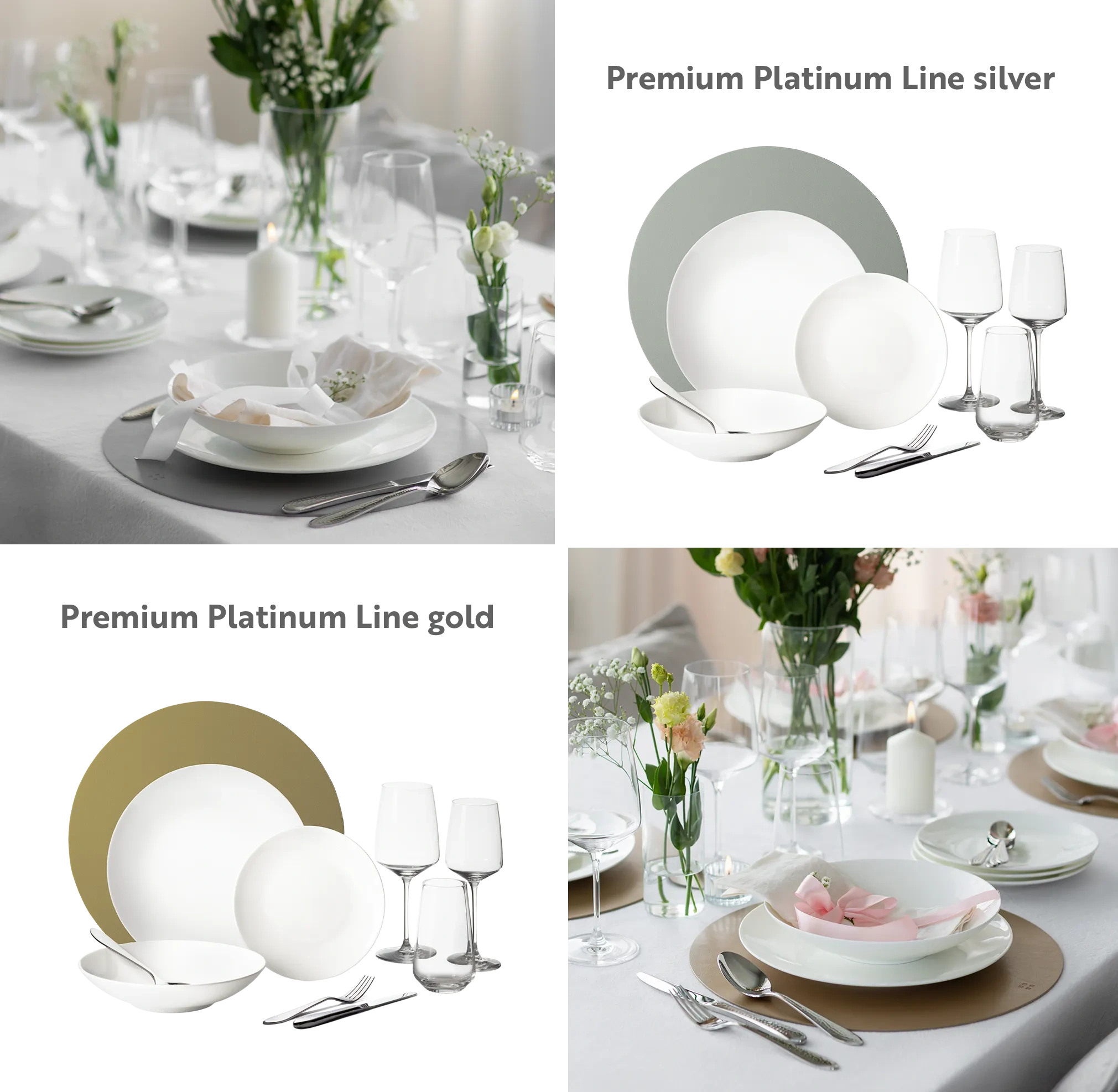 Koláž bílého porcelánu Premium Platinum Line se sklenicemi, příborem a prostřeným stolem ve zlaté a stříbrné verzi 