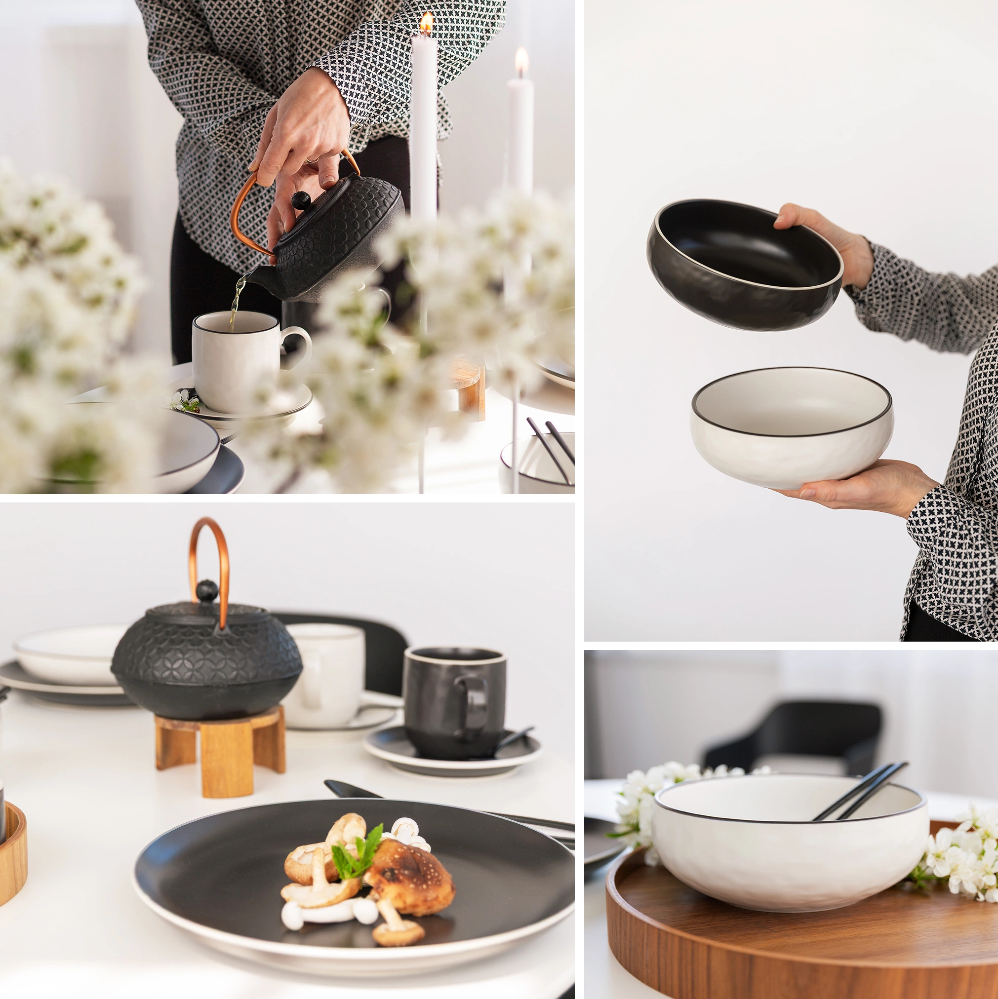 Koláž černo-bílého porcelánu, konvice a prostřeného stolu